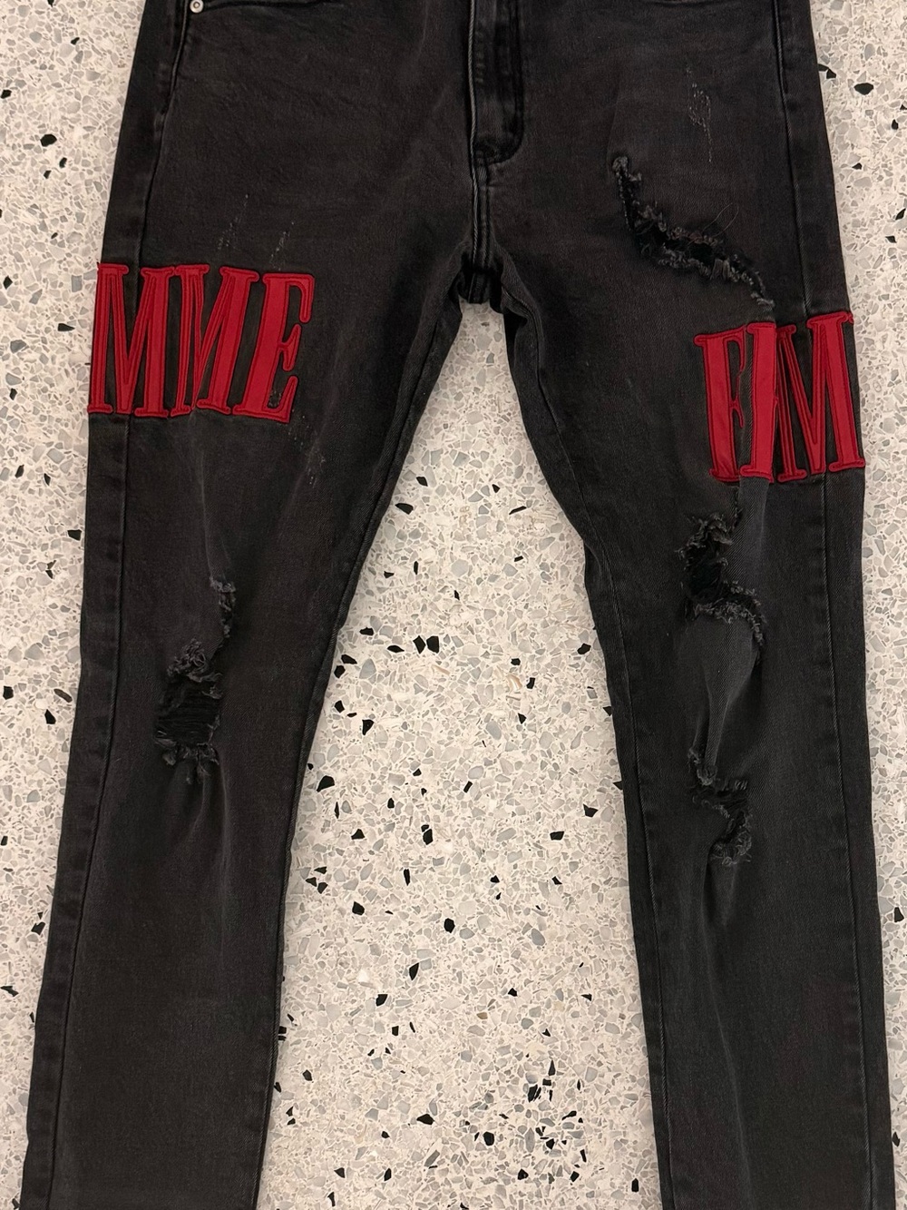Homme + Femme Men’s Black/Red Distressed Skinny Denim Jeans